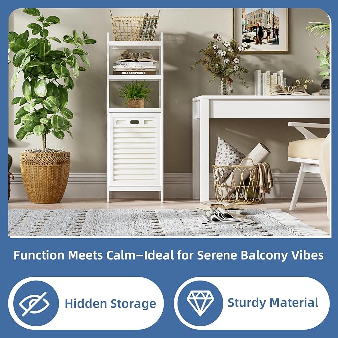 HITNET Bamboo Tilt Out Hamper, 10 Gal Bathroom Laundry Cabinet with Hidden Foldable Basket, Freestanding Clothes Storage Organizer with Storage Shelf, White - Image 5