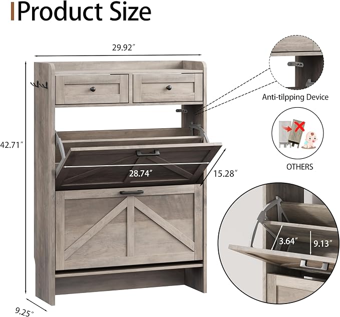 Shoe Cabinet with 2 Flip Drawers & 2 Top Drawers, 43" Tall Freestanding Narrow Wooden Shoe Storage Organizer for Entryway, Hidden Slim Shoe Rack for Front Door Entrance, Hallway, Living Room, Grey - Image 2