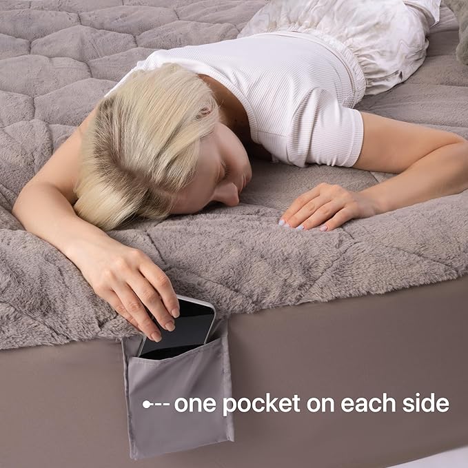 Faux Fur Mattress Pad Quilted Fitted Mattress Cover, Fluffy Warm Soft Breathable Mattress Protector, Mattress Topper with 8-21" Deep Pocket (Gray, King)