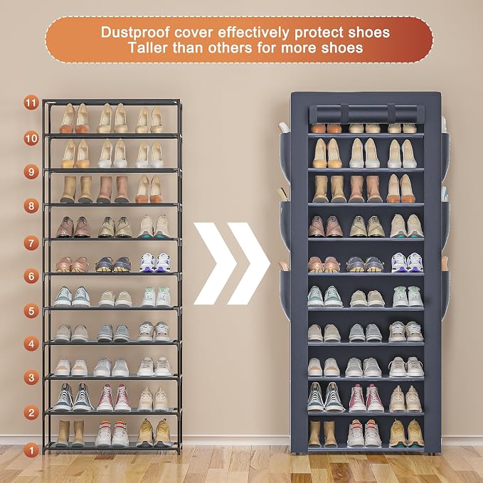OYREL Shoes Rack 10 Tier Tall Shoe Rack with Storage Pockets, Fabric Covered Shoe Racks,Metal Shoes Rack Organizer for Closets,Bedroom, Garage - Image 4