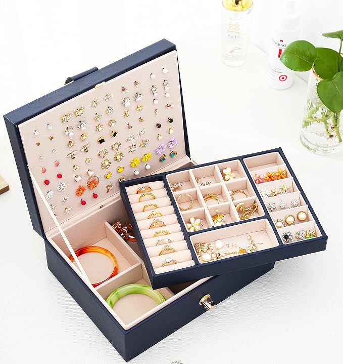 QBestry Womens Earring Jewelry Box for Girls Jewelry Earrings Organizer Box Earring Holder Organizer for Girls Jewelry Organizer Boxes for Women Girls Stud Earrings Organizers Jewelry Box Navy - Image 8
