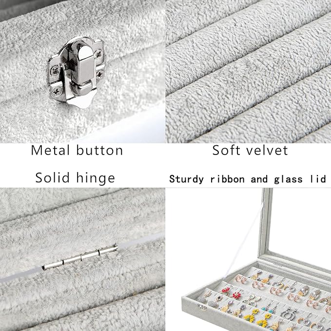 Coward Earring Organizer Tray Box, Grey Beige Velvet Earring Jewelry Display Storage Tray Case with Transparent Glass Lid for Home Drawer or Shop Selling - Image 4