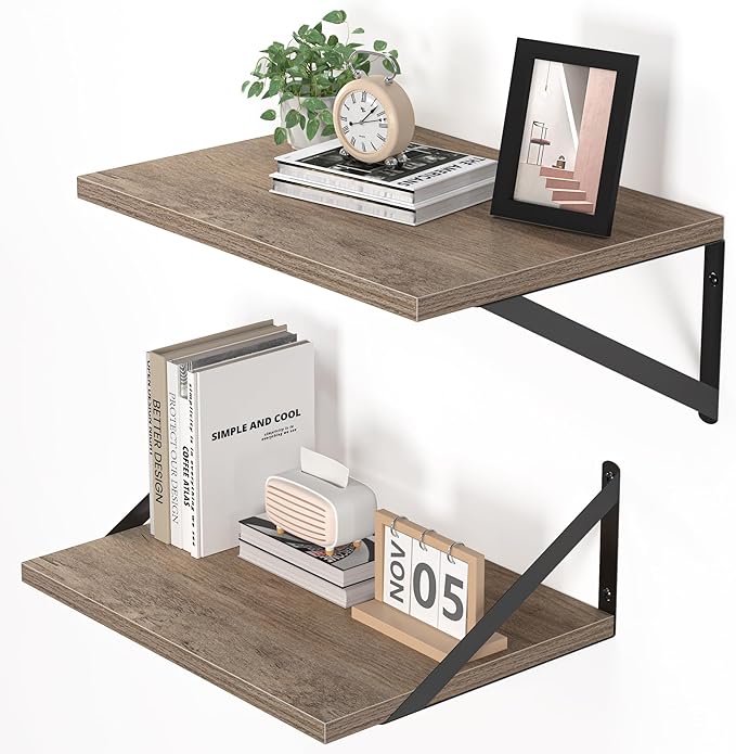 Heimlove Deep Floating Shelves for Wall, 16W x 12D Rustic Grey Wood Wall Shelves Set of 2, Large Floating Shelf for Living Room, Kitchen, Office, Bedroom and Decor Storage, with Metal Bracket - Grey by Heimlove