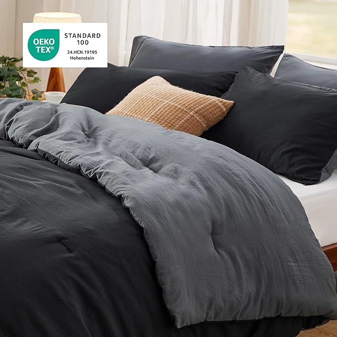 Bedsure King Comforter Set, Black Grey Soft Prewashed Bedding for All Seasons, 3 Pieces GentleSoft™ Bed Set, 1 Lightweight Comforter (104"x90") and 2 Pillowcases (20"x36")