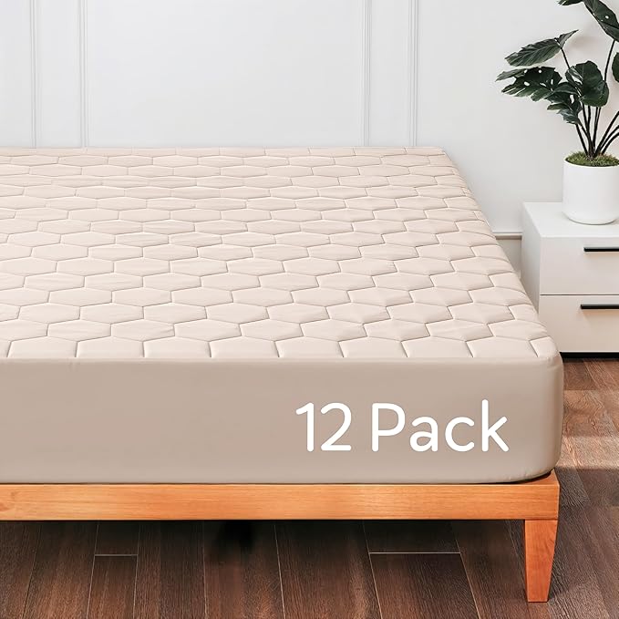 Hearth & Harbor 12 Pack Twin XL Size Quilted Fitted Mattress Pad Cover, 100% Waterproof Mattress Protectors, College Dorm Room Essentials, Deep Pocket Fitted Mattress Cover 8" - 21", Beige Cream