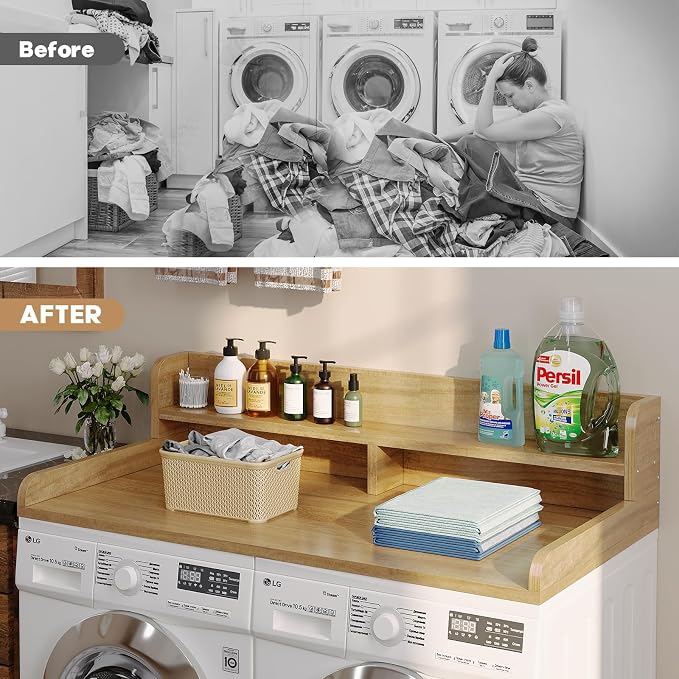 2-Tier Washer Dryer Countertop with 2.75"H Edge Rails, 54" W x 27.55" D Laundry Countertop for Folding Clothes, Washer and Dryer Topper with Non-Slip Pad (Pure Wood Color) - Image 6