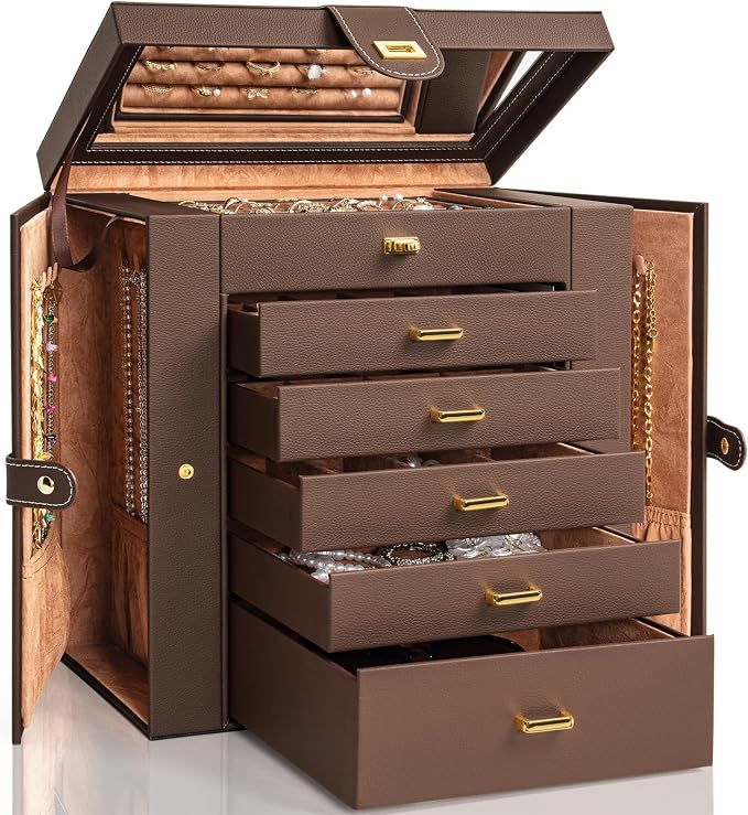 AKOZLIN Extra Large 6-Tier Jewelry Box Organizer with Mirror, 5 Drawers Leather Jewelry Storage Case for Women Girls Ring Necklace Earring Bracelet Brown by AKOZLIN