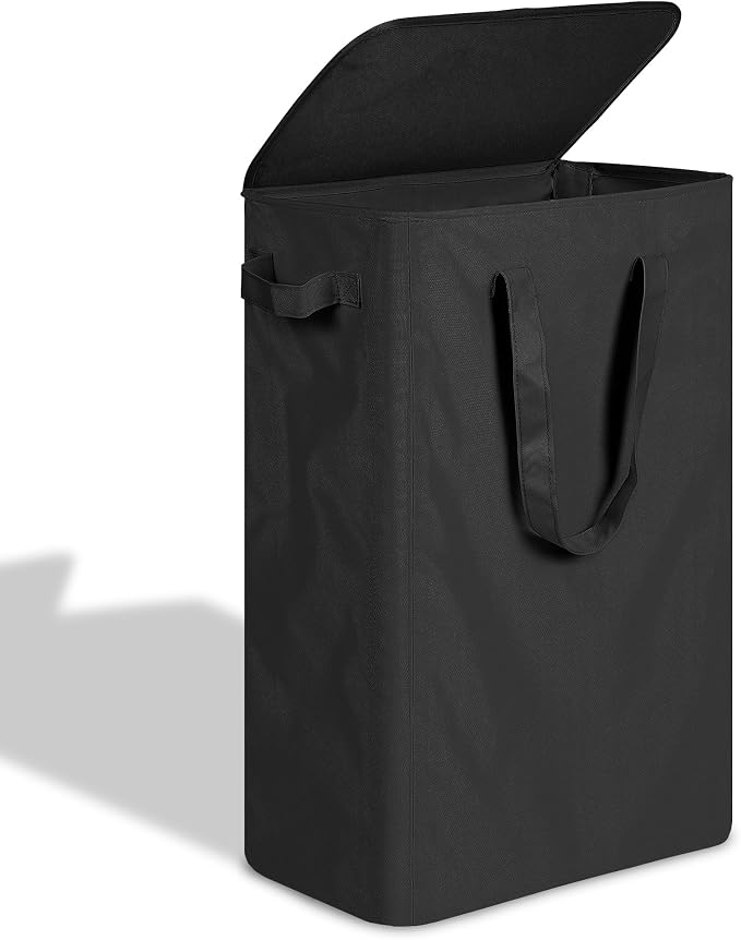 efluky Slim Laundry Basket with Lid, Narrow Laundry Hamper with Handles, Collapsible Dirty Clothes Hamper, Tall Laundry Bin for Laundry Room, Dorm and Bedroom, 55L Black by efluky