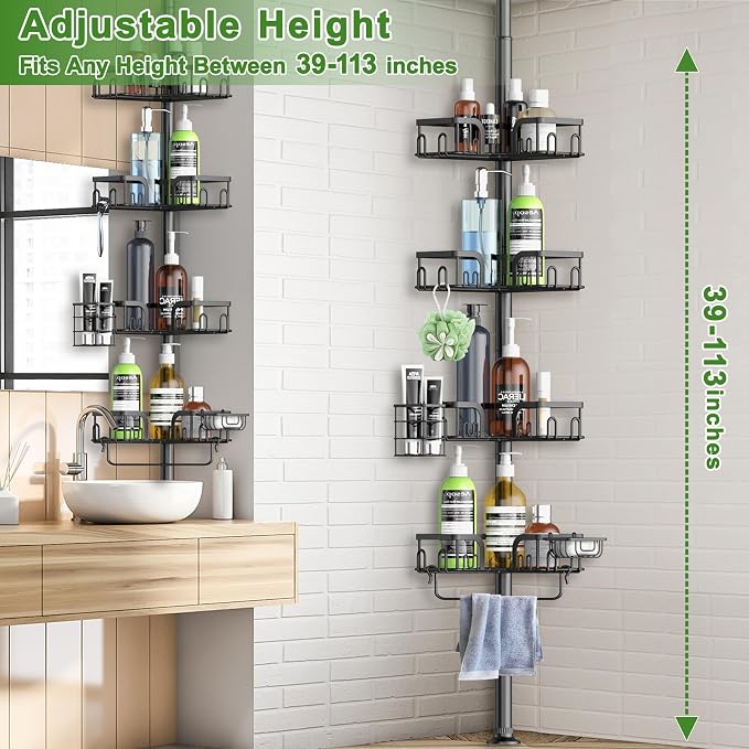 Corner Shower Caddy Tension Pole 4 Tier Adjustable Stainless Steel Shower Shelf for Inside Shower Bathtub Shampoo,Standing Bathroom Organizer Shelves with 39 to 113 inch Height - Image 2