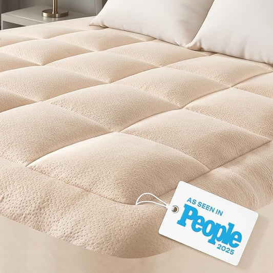 Ultra Soft Full Size Mattress Topper - Viscose Made from Bamboo Pillow Top Mattress Pad for Back Pain Relief - Naturally Cooling for Hot Sleepers, Beige