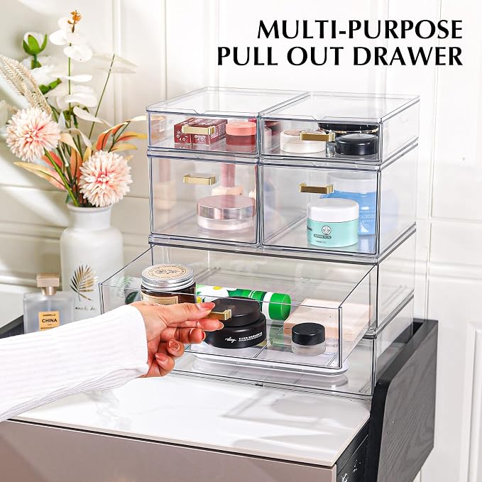 LALOBLUE Stackable Storage Drawers, 6 Pack Clear Acrylic Organizer Bins with Golden Handles, Multi-Size Plastic Drawers for Makeup, Vanity, Kitchen, Bathroom, Office, Pantry Organization and Storage - Image 4