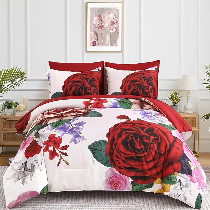 Drucon Red Comforter King Size 7 Pieces Valentine's Day Bedding Sets Bed in a Bag, Botanical Floral Comforter with Sheet Set, Soft Microfiber Bedding Set for All Season (Red, 104"x90")