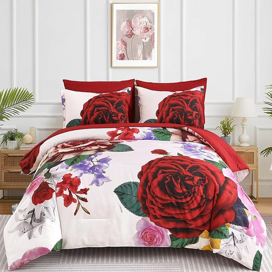 Drucon Red Comforter King Size 7 Pieces Valentine's Day Bedding Sets Bed in a Bag, Botanical Floral Comforter with Sheet Set, Soft Microfiber Bedding Set for All Season (Red, 104"x90")