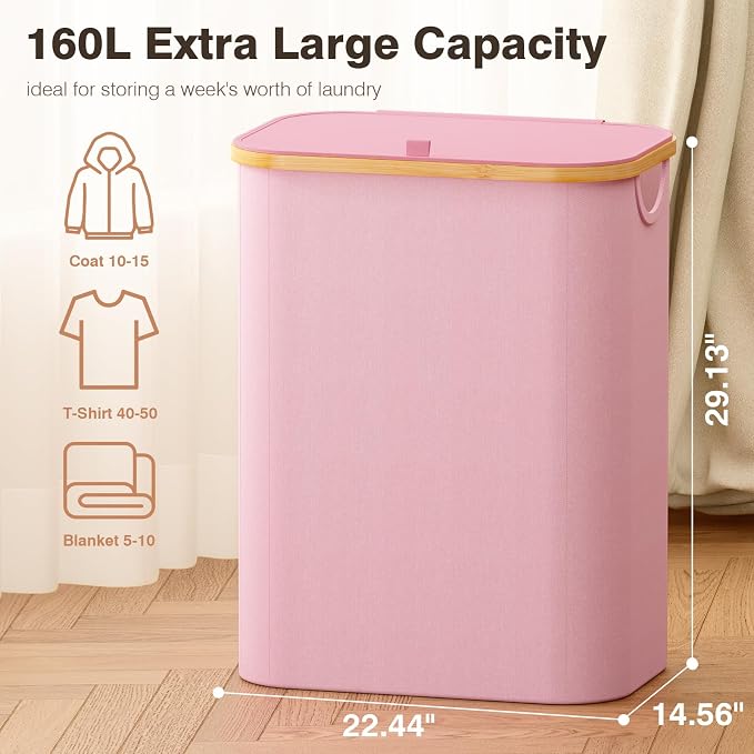 Hampers for Laundry Basket with Lid, 160L Extra Large 3 Section Clothes Divided Organizer for Bedroom, Laundry Room, Dirty Clothing Hamper, Pink - Image 2