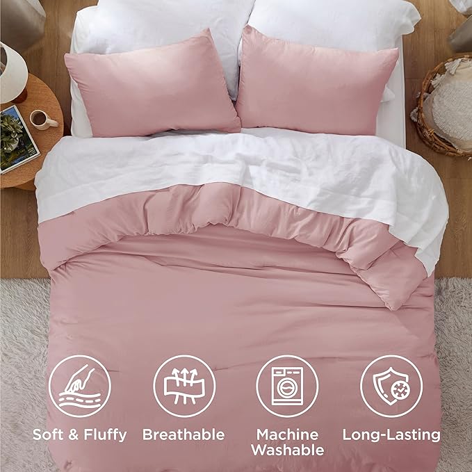 Bedsure Queen Comforter Set, Pink Soft Prewashed Bedding for All Seasons, 3 Pieces GentleSoft™ Bed Set, 1 Lightweight Comforter (90"x90") and 2 Pillowcases (20"x26")