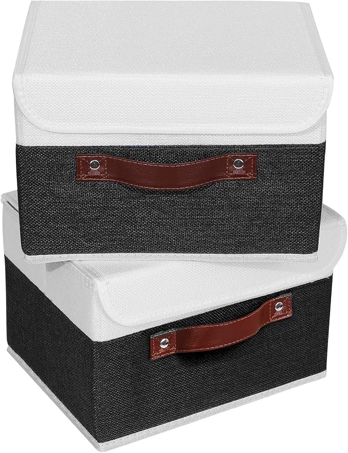 ANMINY 2PCS Storage Boxes with Lid Washable Decorative Storage Bins Basket with PU Leather Handle Foldable Linen Fabric Storage Cubes Containers for Home Closet Organizer - Black White, Small Size - Image 2