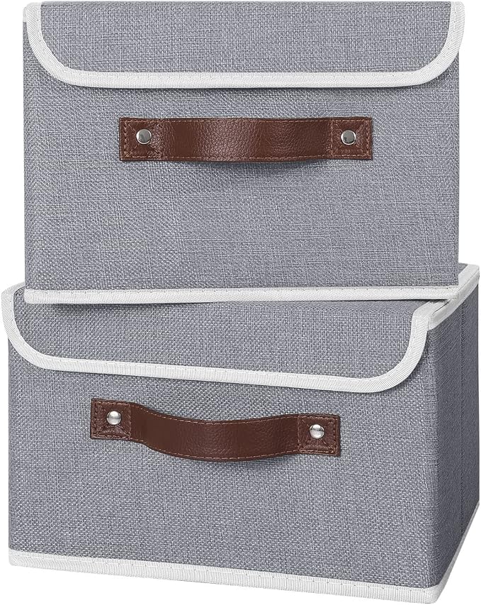 ANMINY 4PCS Storage Bins with Lid PU Leather Handles Storage Boxes PP Plastic Board Decorative Foldable Lidded Cotton Linen Fabric Home Cubes Baskets Closet Organizer Containers - Gray, Small Size - Image 2