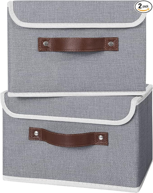 ANMINY 2PCS Storage Bins with Lid PU Leather Handles Storage Boxes PP Plastic Board Decorative Foldable Lidded Cotton Linen Fabric Home Cubes Baskets Closet Organizer Containers - Gray, Small Size by ANMINY