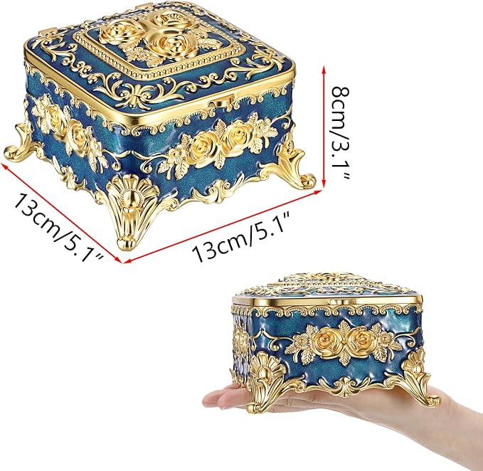 Hipiwe Metal Jewelry Box Decorative Trinket Chest Rectangular Treasure Display Case Keepsake Organizer for Earrings Ring Holder, Blue, 5.1" L x 5.1" W x 3.1" H - Image 3