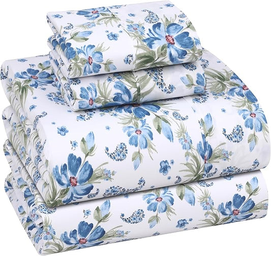 RUVANTI 100% Cotton Sheets – Full Size Percale Bedding, Cooling & Breathable Floral Design, Durable with a Crisp, Soft & Comfortable Feel, 16" Deep Pocket, 4-Piece Set, Paislyona