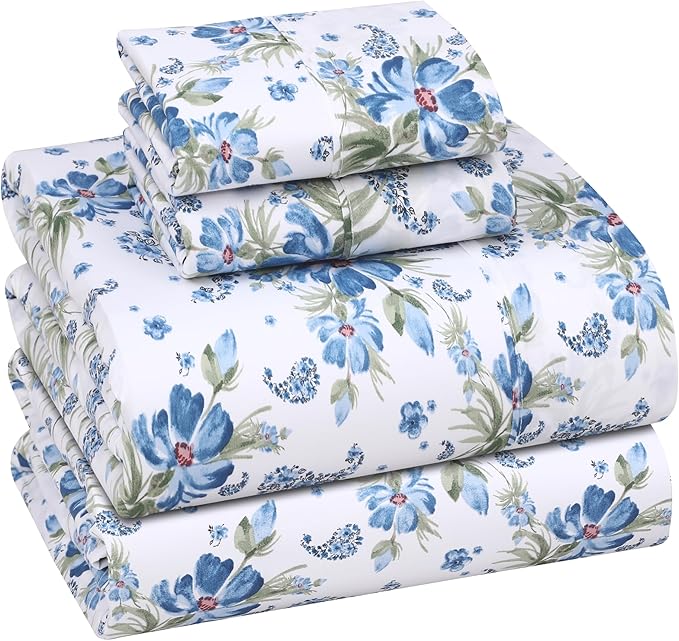 RUVANTI 100% Cotton Sheets Queen Size Set, 4 Pieces, Soft & Breathable Percale Weave Bedding, Deep Pocket 16", Hotel Standard, Crisp Cool Feeling, Durable, Perfect Floral Bed Sheet, Paislyona