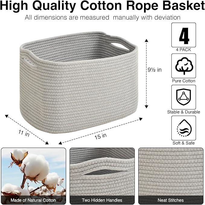 ICERZCZ Storage Baskets for Organizing & Shelves, Woven Cotton Rope Organization Bins for Dog Toys, Clothes, Books, Nursery Organizer, 15" Lx11 Wx9.5 H, (4 Packs) Grey - Image 3