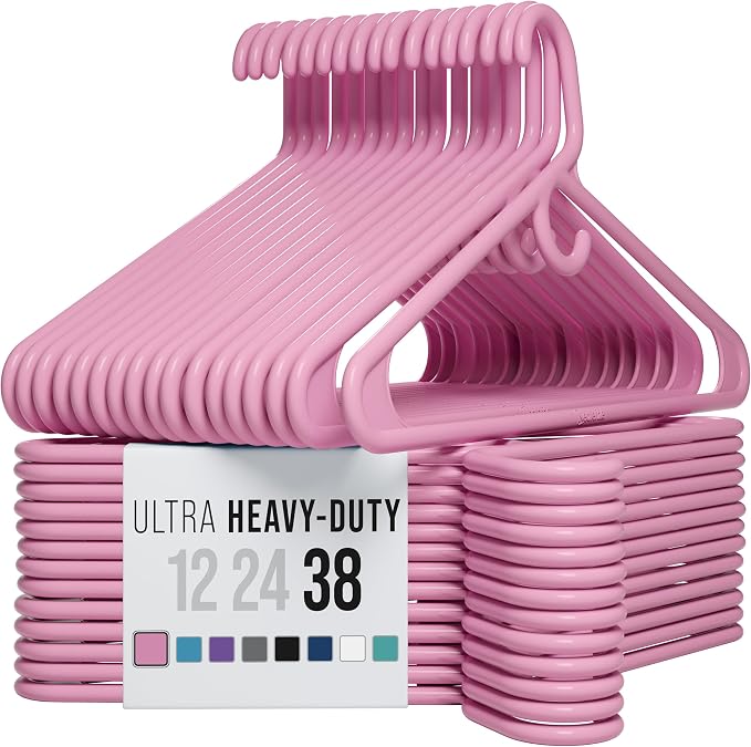 NEATERIZE Thick Heavy Duty Hangers - Pink Plastic Clothes Hangers 38 Pack - Great for Coat Hanger, Jackets Jeans & Suit Hanger for Closet - New Apartment Essentials Percheros Ganchos para Colgar Ropa by Neaterize