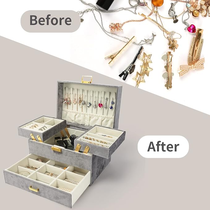 Dajasan Jewelry Organizer Box, Large Velvet Jewelry Boxes for Women Girls, Space-Saving 3 Layers Jewelry Storage Case with Drawer, Movable Metal Stand, Modern, Gift Idea (Grey) - Image 5