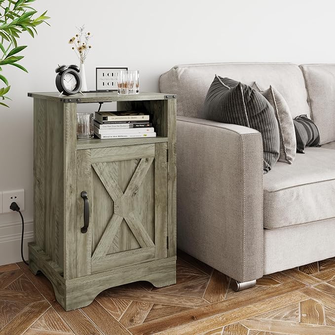 RoyalCraft 25" Tall Farmhouse Nightstand with Charging Station, Grey End Table with Storage, Large Wooden Rustic Bedside Table for Bedroom, Light Grey