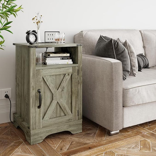 RoyalCraft 25" Tall Farmhouse Nightstand with Charging Station, Grey End Table with Storage, Large Wooden Rustic Bedside Table for Bedroom, Light Grey