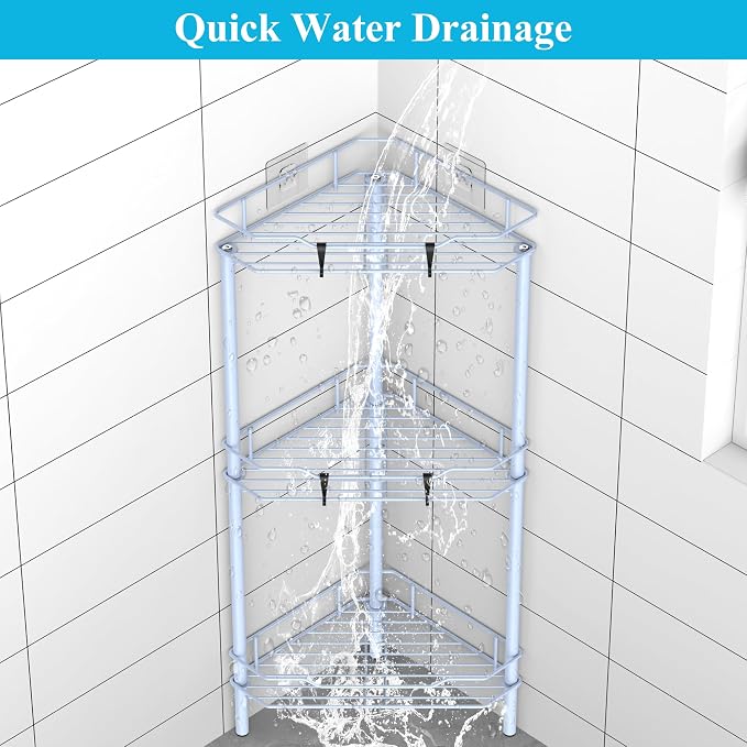 HuggieGems 3 Tier Floor Standing Corner Shower Caddy Organizer Shelf with Hooks, Bathroom Shelves Stand Rack, Blue - Image 6