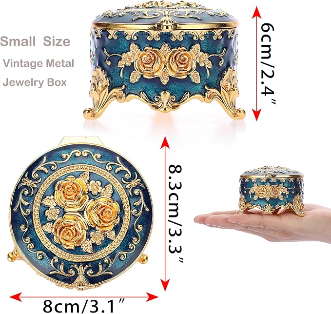 Hipiwe Antique Metal Jewelry Box Ring Earring Treasure Chest Case Small Trinket Box Round Jewelry Display Box Necklace Organizer Wedding Birthday Gift Home Decor, 3x3x2.4 inch - Image 5