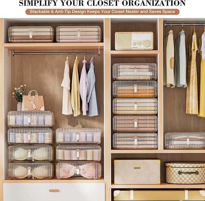 Sock Underwear Drawer Organizer - 24 Compartment Clear Acrylic Storage Bins with Removable Dividers for Closet, Stackable Dresser Drawer Box for No-Mess Socks, Tiers, Baby Clothes, Belt, Tea Bag - Image 3