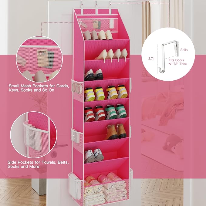 Criusia Shoe Storage, Over the Door Shoe Organizer, Hanging Closet Shoe Storage with Large Deep Pockets, Fits 16–24 Pairs of Sneakers, Sandals, Boots, Pink - Image 5