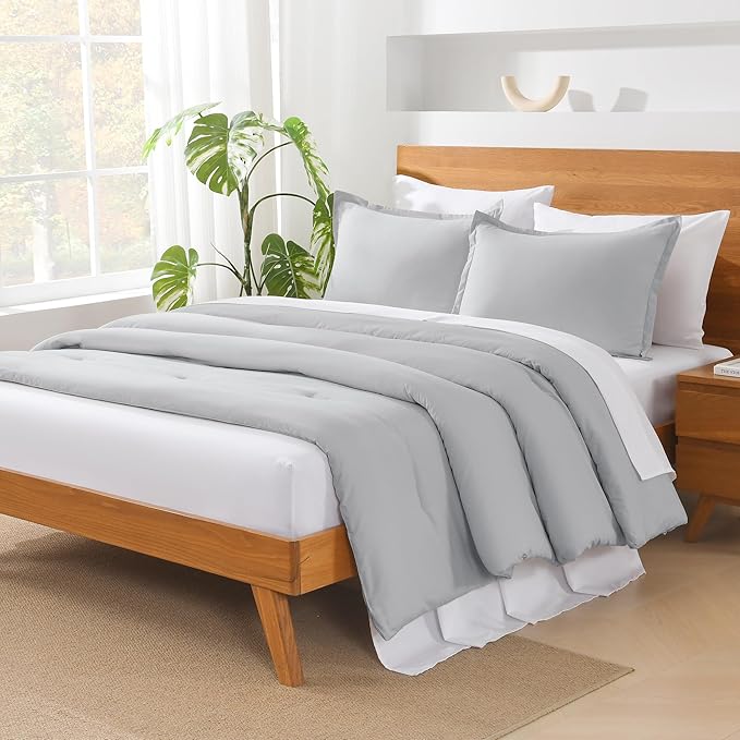 Andency Light Grey California King Comforter Set - 7 Pieces Gray Cal King Bedding Comforter Sets, Summer Plain Soft Lightweight Comforter with Fitted Sheets, Flat Sheets, Pillowcases & Shams