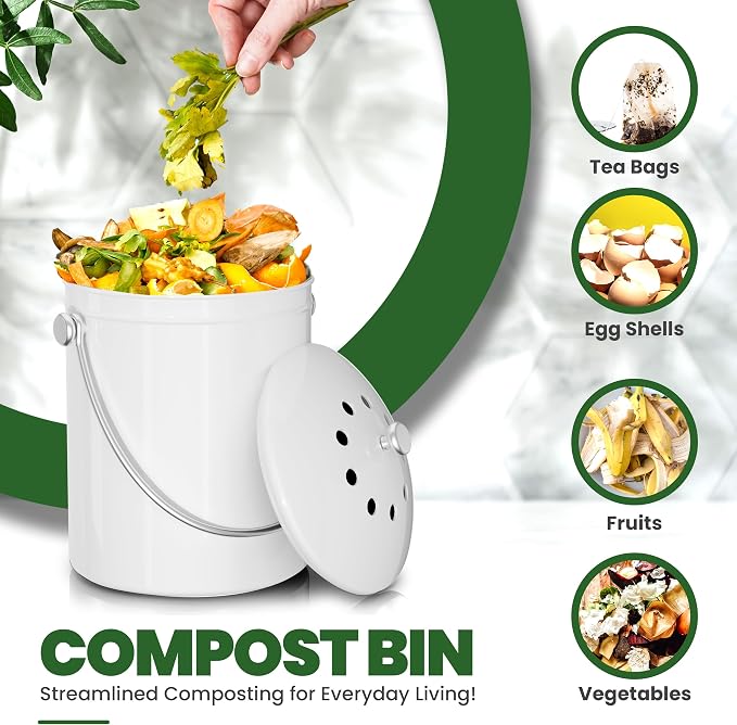 Utopia Kitchen Compost Bin for Kitchen Countertop, 1.3 Gallon Compost Bucket for Kitchen with Lid, Includes 1 Spare Charcoal Filter (White) - Image 4