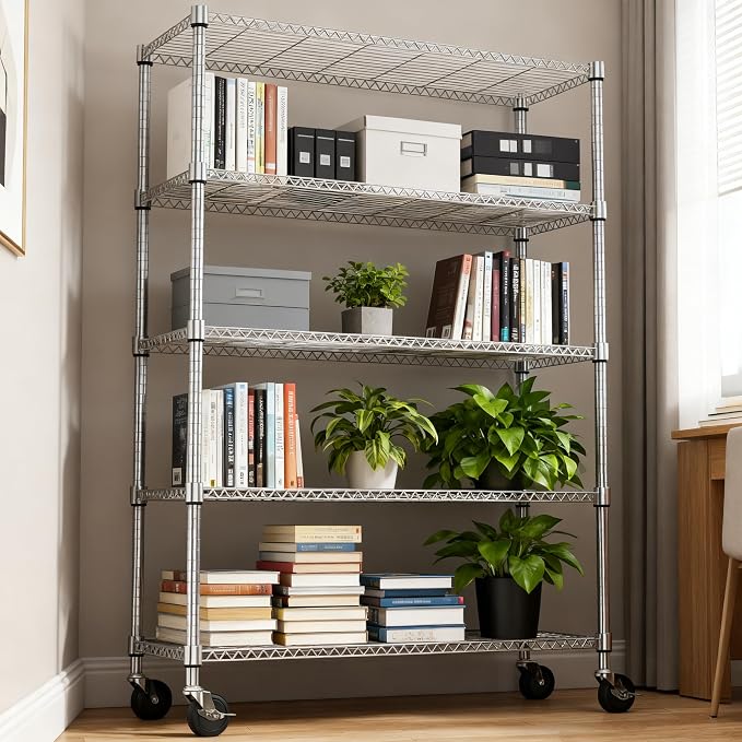 M MZG 1750LBS 47.2" W 5 Tiers Storage Shelves Metal Shelving Unit with Wheels Heavy Duty Garage Shelving Adjustable Wire Shelves for Pantry,Kitchen,Garage,Basement,Chrome 17.7" D x 47.2" W x 76.8" H - Image 2