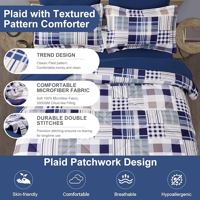 Comforter Set Queen Size Plaid Patchwork Comforter Bedding-7 Piece Bed in a Bag,Soft Fluffy Reversible Microfiber Bedding Set(1 Comforter,1 Flat Sheet,1 Fitted Sheet,2 Pillowcases,2 Pillow Shams),Navy