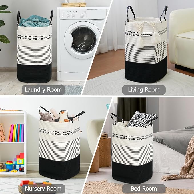 danpinera 100L Nursery Hamper, Tall Woven Laundry Basket with Long Leather Handles, Boho Laundry Hamper for Living Room & Bedroom, Eco-friendly & Convenient Decorative Storage Basket, White & Black - Image 7