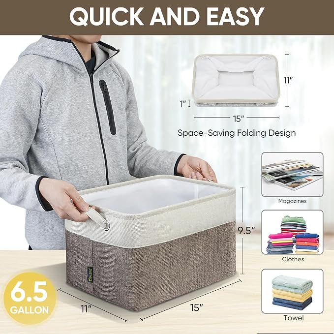 BALEINE 3 Pack Fabric Closet Storage Bins for Shelves, Linen Closet Organizers and Storage, Decorative Baskets for Organizing, Shelf, Clothes, Home, Office (Brown, 15"x11"x9.5") - Image 4