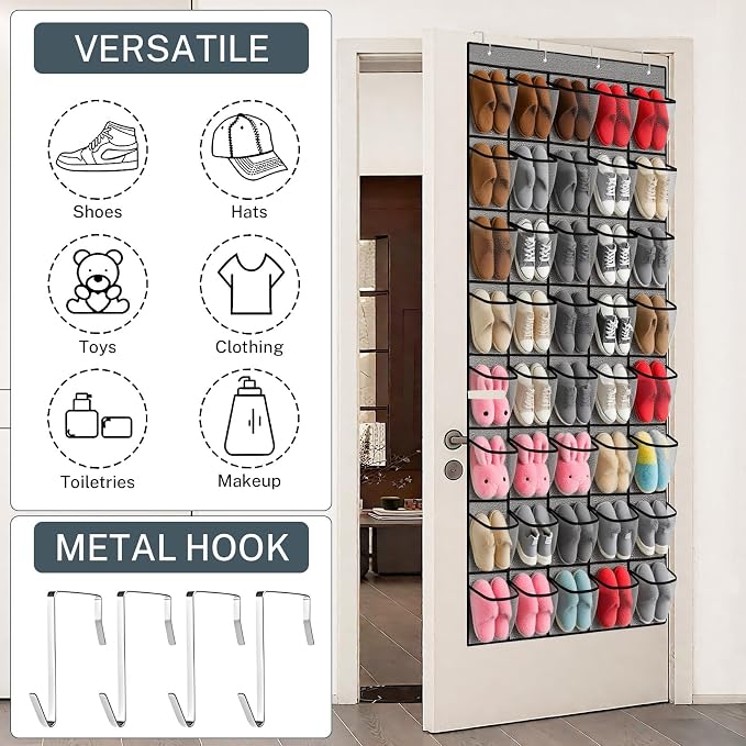 40-Pocket Over the Door Shoe Organizer - Large Mesh Pocket Hanging Shoe Organizer,Behind the Door Shoes Storage Holder Hanger,Large Capacity Design for Dorm Room College,Store 20 Pairs(Grey) - Image 2