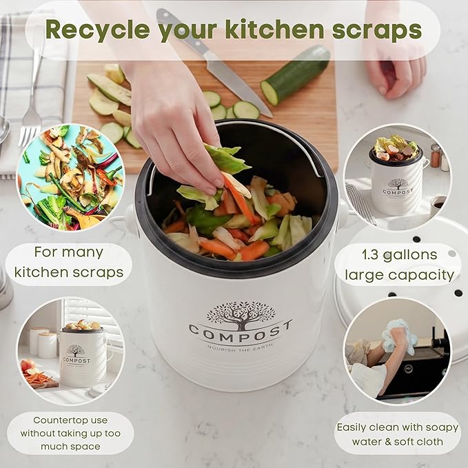 Perfnique Kitchen Compost Bin, 1.3 Gallon Countertop Compost Bin with Lid, Indoor Compost Bucket Includes Inner Bucket Liner and Carbon Filter, Small Compost Bin with Trash Bags (with Bags, Cream) - Image 3