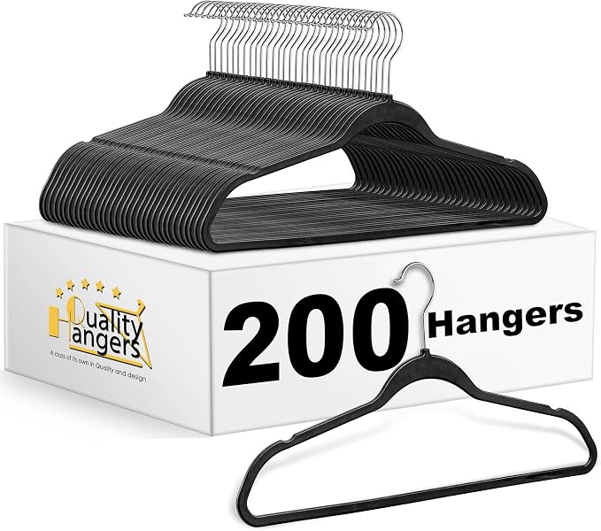 Quality Hangers 200 Pack Plastic Hangers for Clothes - Slim Non-Velvet Hangers with 360° Swivel Chrome Hook & Non Slip Notches - Ideal for Dresses Coats Shirts Jackets & More - Black by QualityHangers