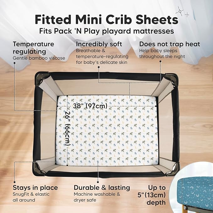 Pack and Play Sheets Fitted - 2-Pack Mini Crib Sheets for Pack N Play Mattress 38x26, Soft & Cozy, Neutral Toddler Playard Bedding, Snug Fitted Mini Baby Crib Mattress Cover Boy, Girl (Dragon Tale)