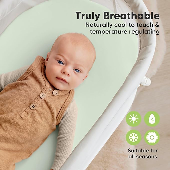2-Pack Waterproof Bassinet Sheets Boy, Girl - 33x17 Baby Bassinet Mattress Protector Cover, Viscose Derived from Bamboo, Compatible with Graco, Baby Delight, Halo Bassinest Swivel Sleeper (Sage)