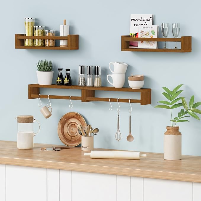 Forbena Walnut Brown Nursery Bookshelf Wall Mounted, Wooden Floating Book Shelves for Wall, Nursery Hanging Bookshelves for Baby Toddlers Kids Room Bedroom (Pine Wood, Walnut Color, 4-Pack) - Image 6