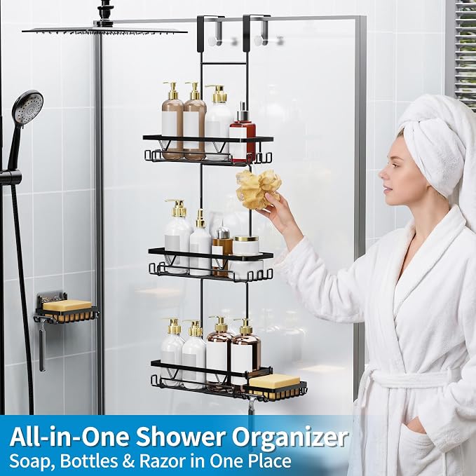 KEGII Shower Organizer Hanging Over the Door, 3 Tier Large Capacity Shower Caddy with 2 Soap Holders & Razor Holders, 18 Hooks & 4-in-1 Dual Hooks, Adjustable Rustproof Bathroom Rack, Black - Image 6