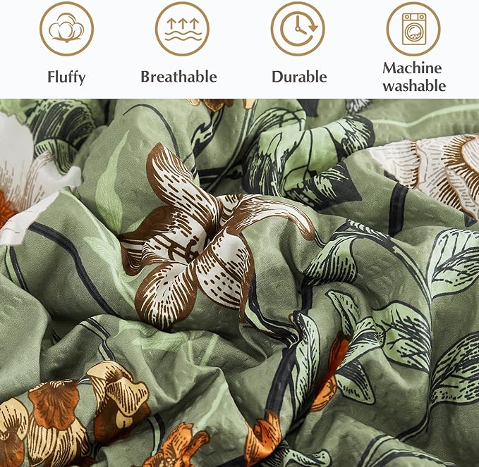 CASAAGUSTO Queen Comforter Set, 7 PCS Green Butterfly Floral Comforter Set with Flowers Leaves Pattern, Soft Seersucker Design All Season Queen Size Bedding Set(90"X90")