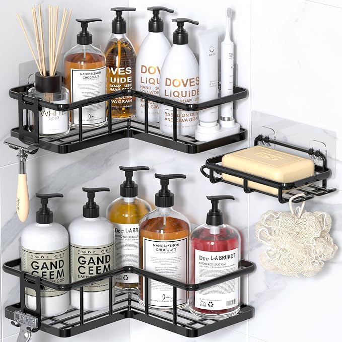 YASONIC Shower Caddy Corner, 3-Pack Adhesive Rustproof Stainless Steel Shower Shelves with Soap Holder, No Drilling Shower Organizer Corner for Dorm, Renters Bathroom, Black by YASONIC