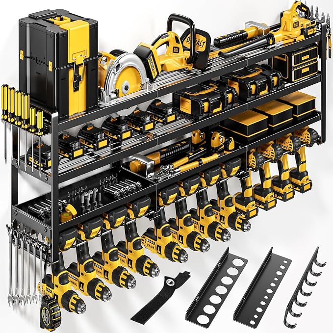 POKIPO 49" W Large Power Tool Organizer Wall Mount, 4 Layer Heavy Duty Loads 800 lbs, Tool Storage Rack Holds 12 Cordless Drills, Large Capacity Battery Holder for Garage, Gift for Men by POKIPO